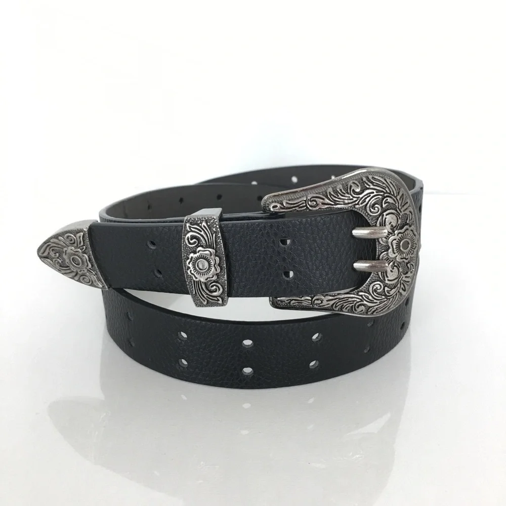 Women’s Black Vegan Leather Western Belt Antique Silver Floral Buckle Size M